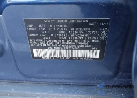 2019 Subaru Outback 2.5I Premium z USA, uszkodzony, nr VIN 4S4BSAFC2K3264800